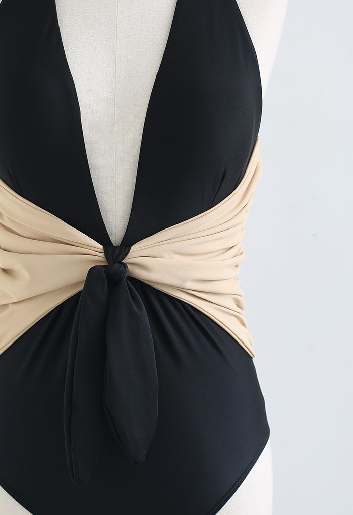 Maillot de Bain Deux Tons à Nouer Bowknot Halter en Noir