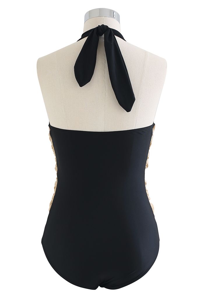 Maillot de Bain Deux Tons à Nouer Bowknot Halter en Noir