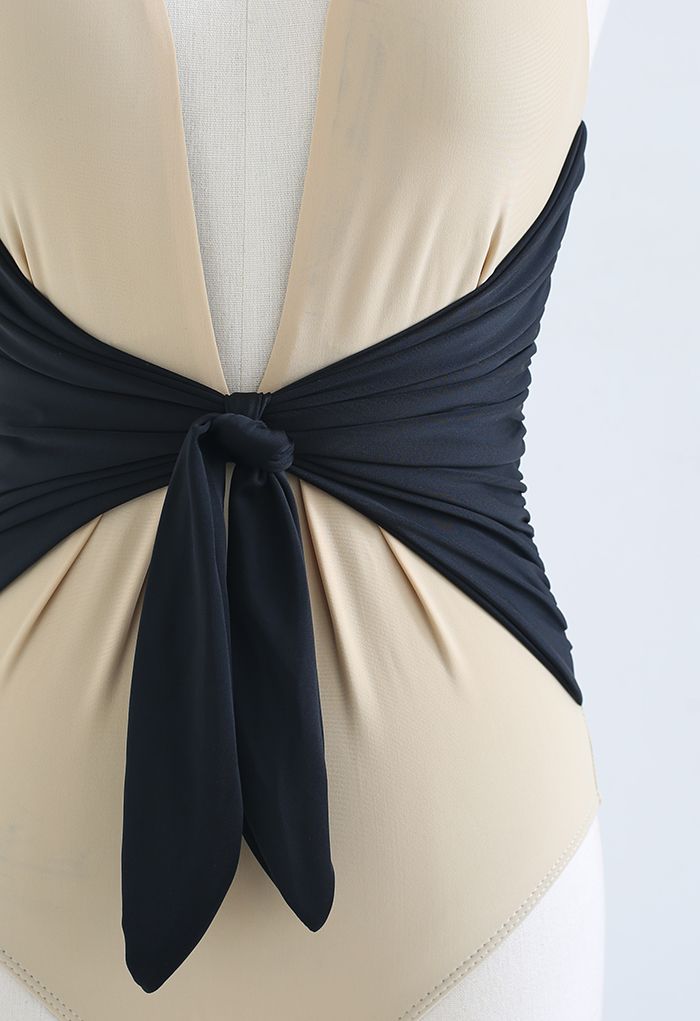 Maillot de Bain Deux Tons à Nouer Bowknot Halter en Camel