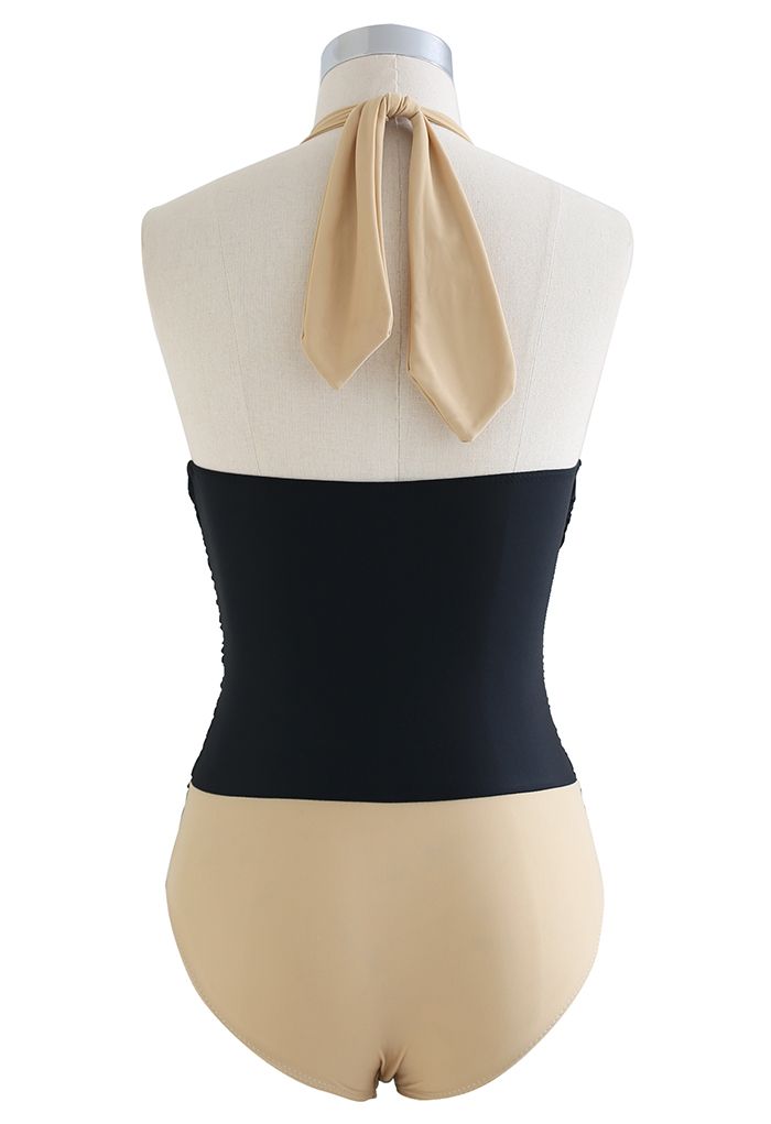 Maillot de Bain Deux Tons à Nouer Bowknot Halter en Camel