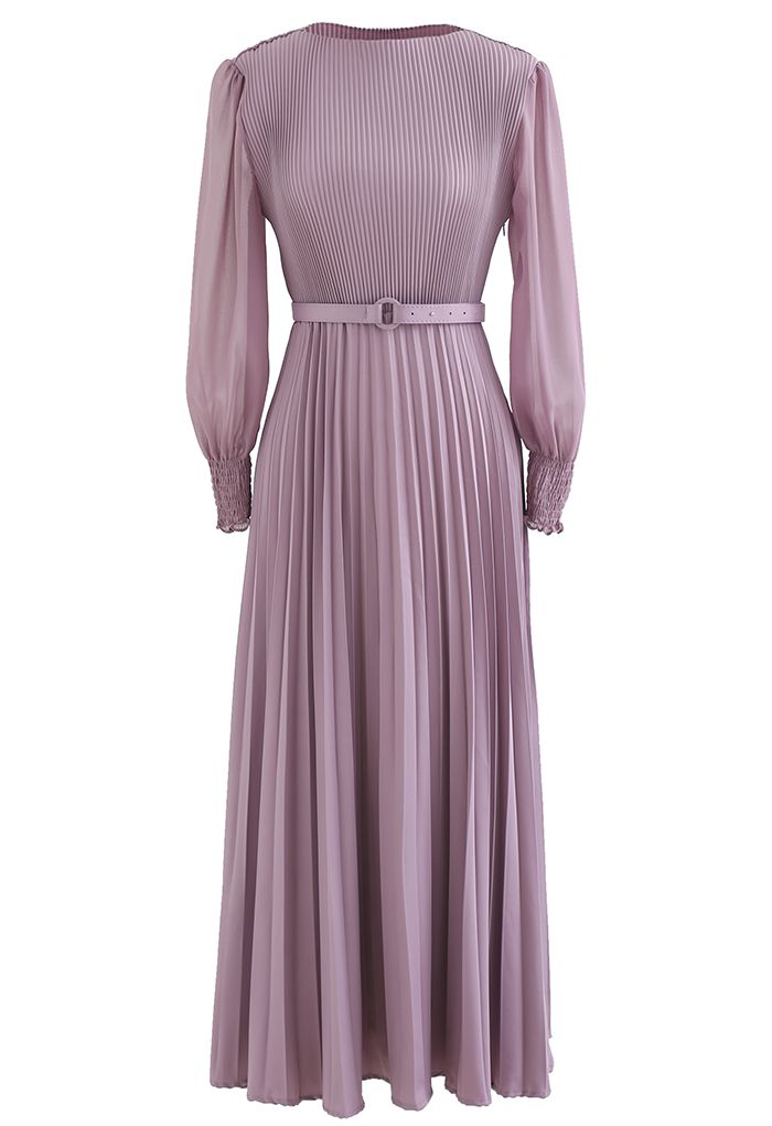 Robe longue ceinturée plissée en lilas