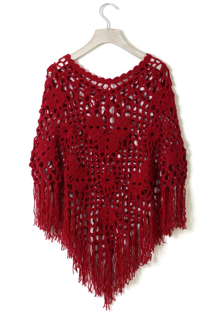 Delicate Hand-knit Fringe Cape in Red 