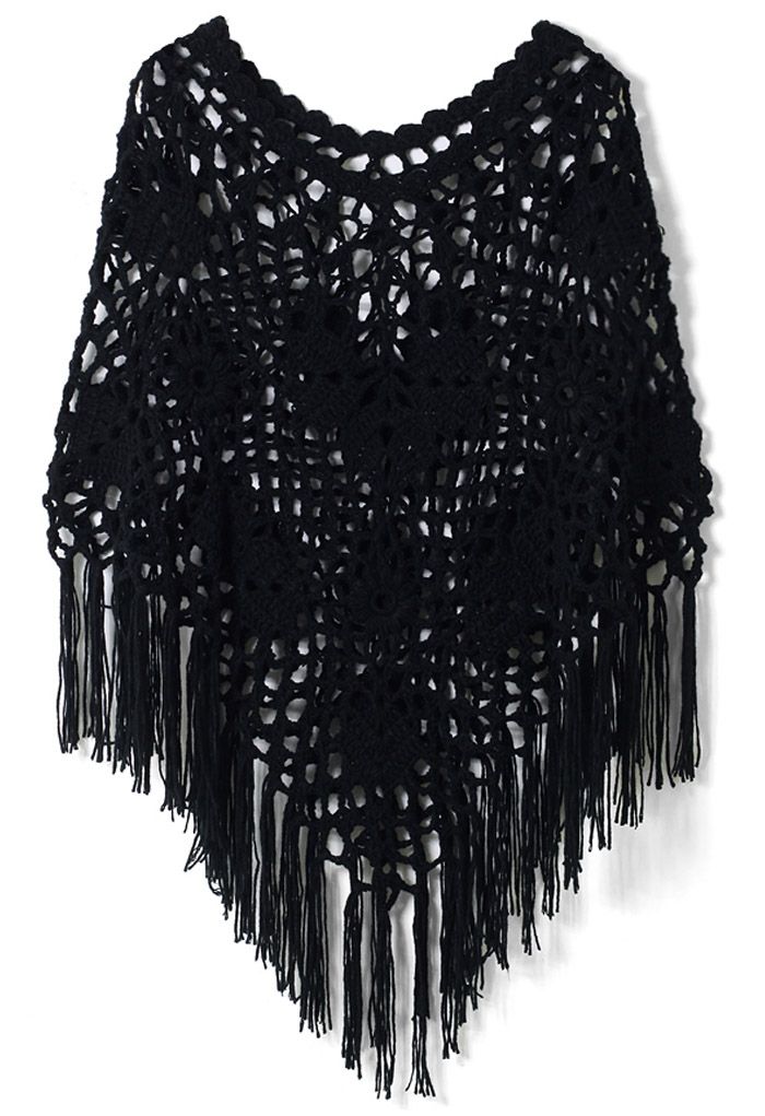 Delicate Hand-knit Fringe Cape in Black