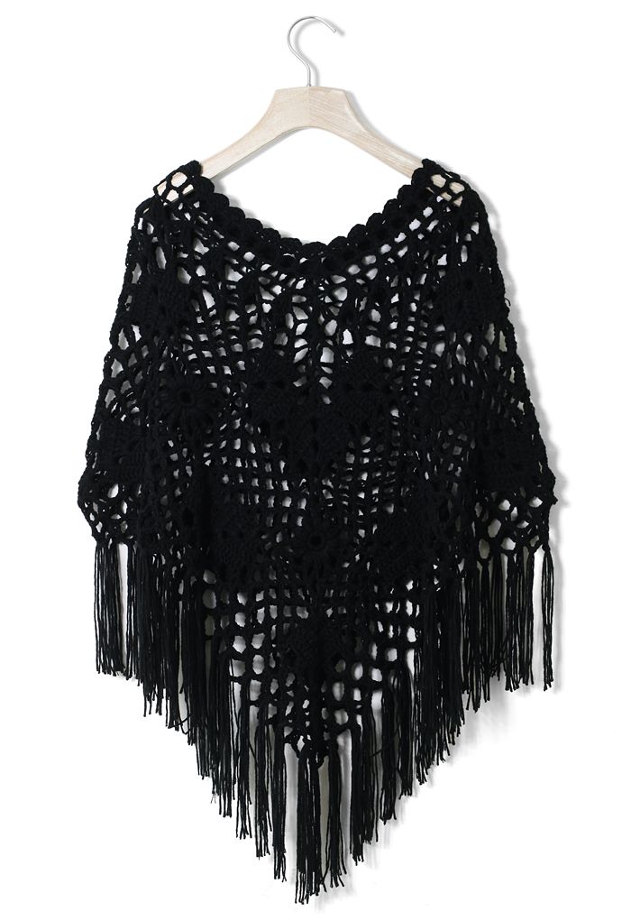 Delicate Hand-knit Fringe Cape in Black