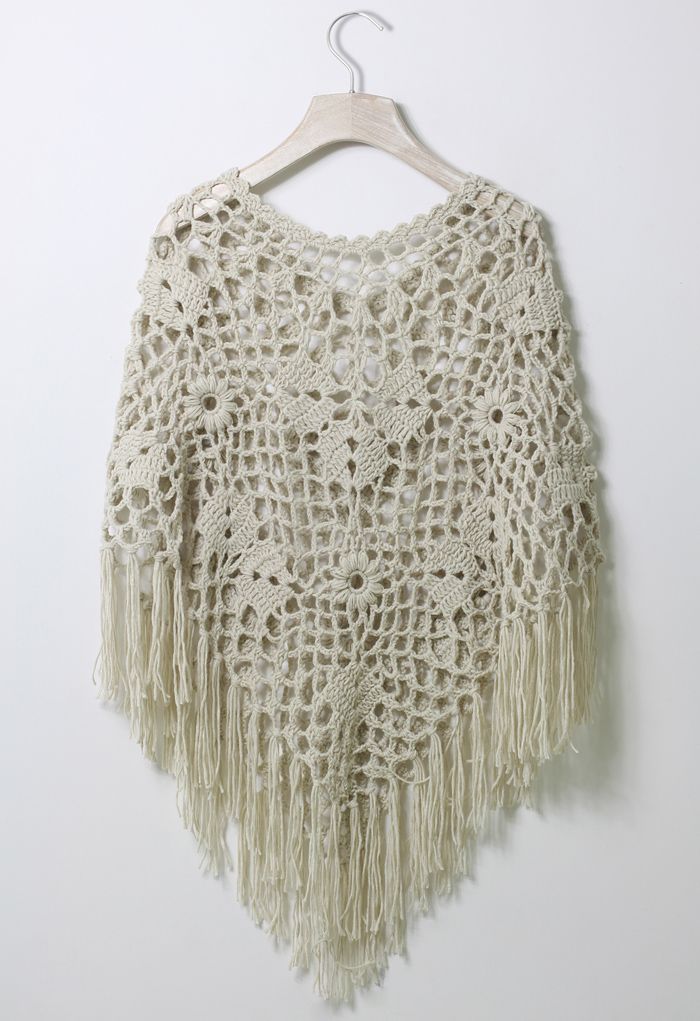 Delicate Hand-knit Fringe Cape in Off-White