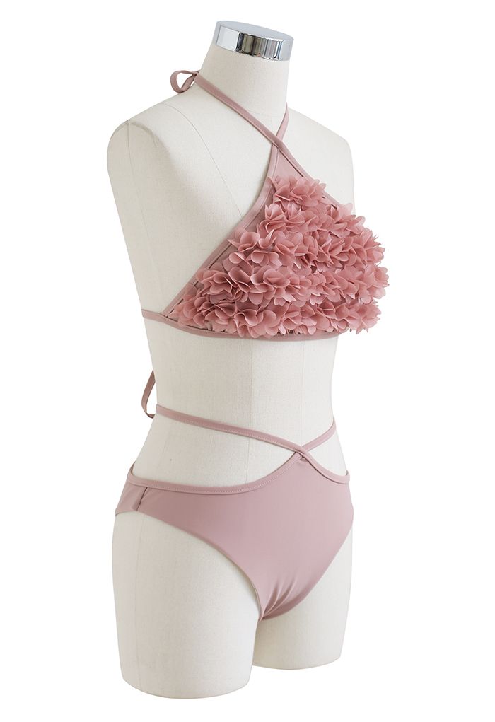 Ensemble de bikini 3D Petal Triangle Self-Tie en rose clair