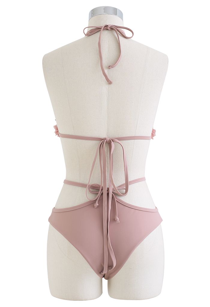 Ensemble de bikini 3D Petal Triangle Self-Tie en rose clair