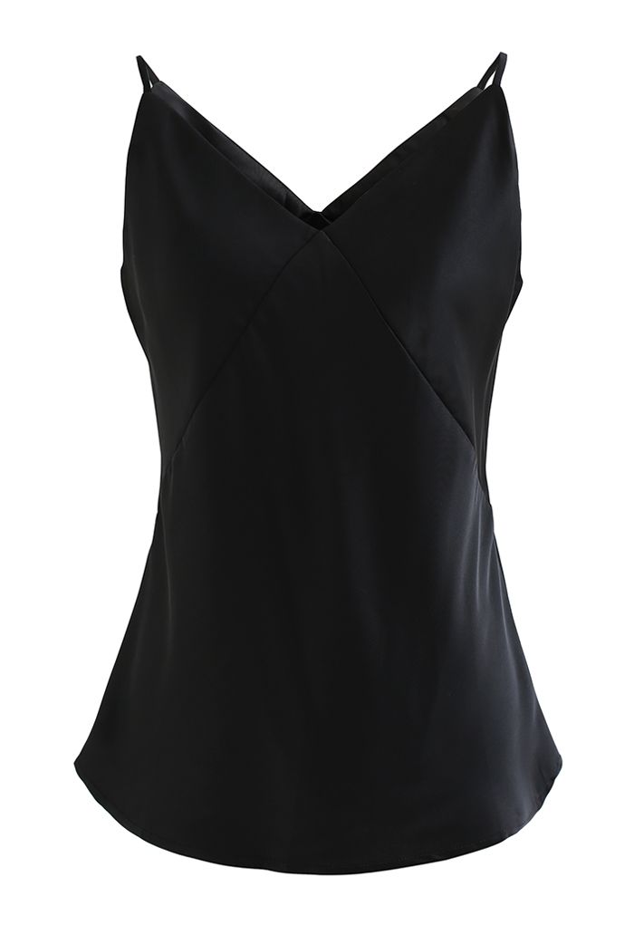 Débardeur camisole en satin à col en V en noir