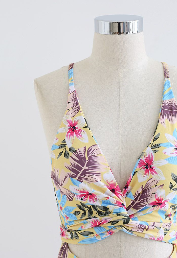 Maillot de bain à imprimé floral croisé sur le devant