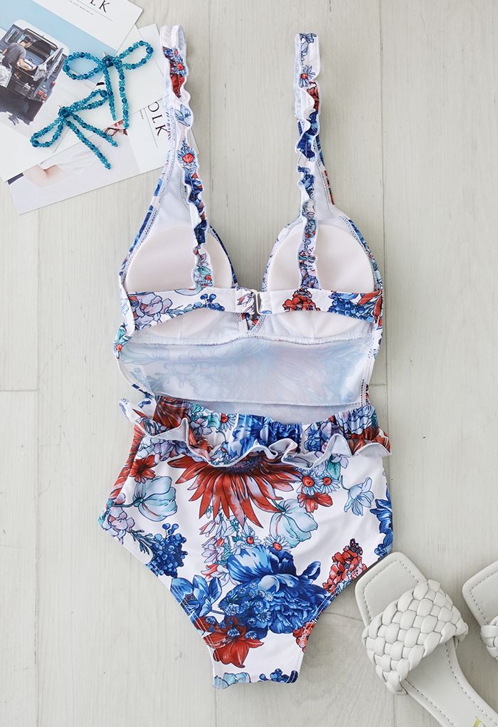 Maillot de bain fleuri à volants dans le dos