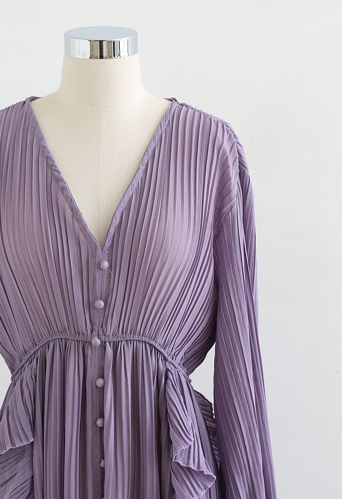 Volant venteuxAsymétrique Plissé Maxi Robe in Lilac Soie Chiffon