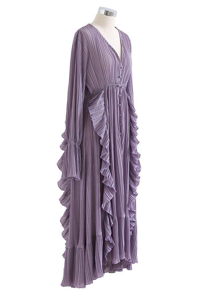 Volant venteuxAsymétrique Plissé Maxi Robe in Lilac Soie Chiffon