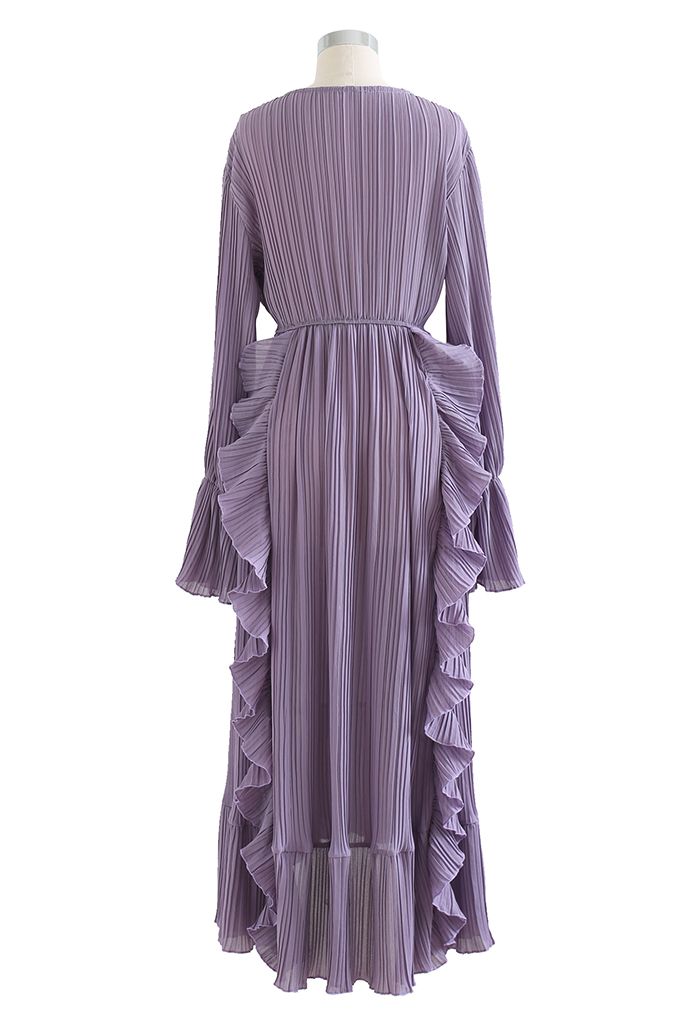 Volant venteuxAsymétrique Plissé Maxi Robe in Lilac Soie Chiffon