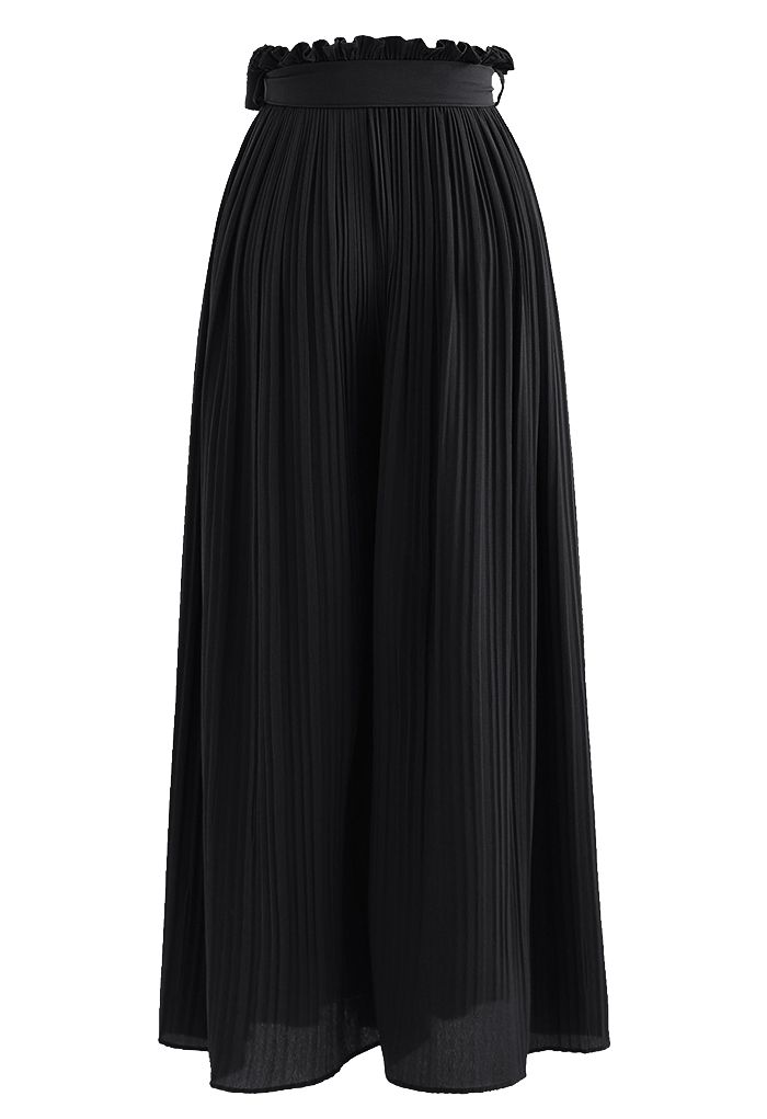 Pantalon large plissé à taille nouée en noir