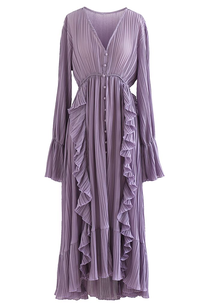 Volant venteuxAsymétrique Plissé Maxi Robe in Lilac Soie Chiffon