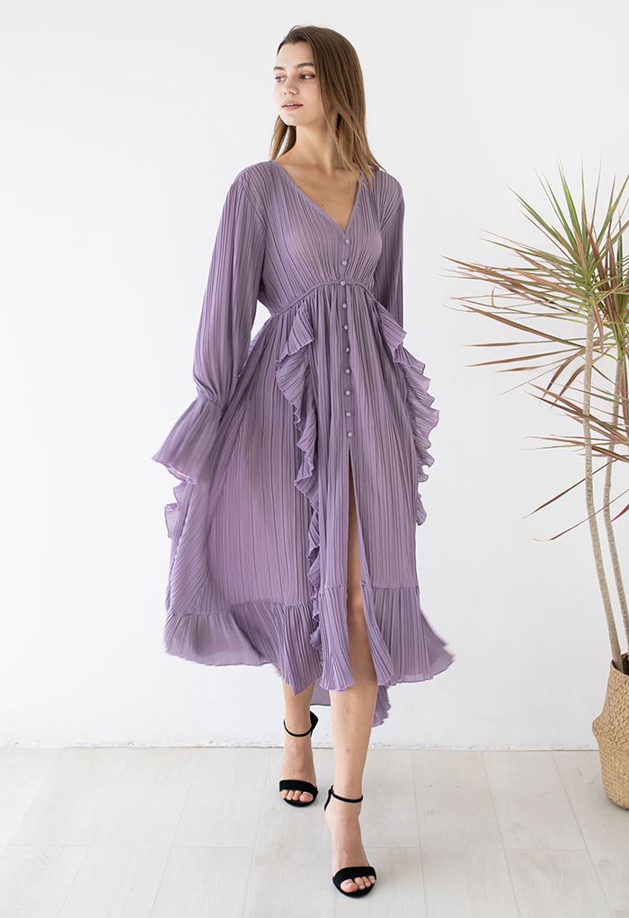 Volant venteuxAsymétrique Plissé Maxi Robe in Lilac Soie Chiffon