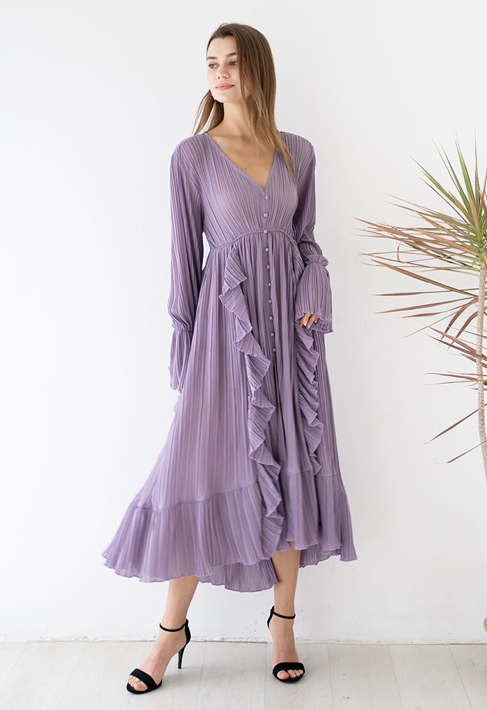 Volant venteuxAsymétrique Plissé Maxi Robe in Lilac Soie Chiffon