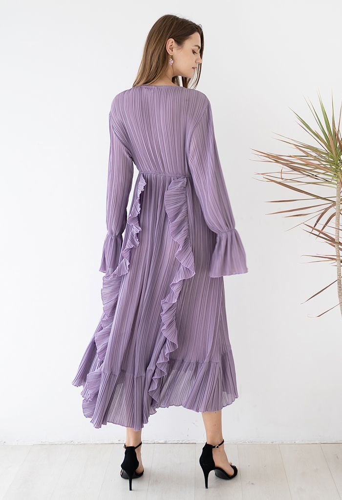 Volant venteuxAsymétrique Plissé Maxi Robe in Lilac Soie Chiffon