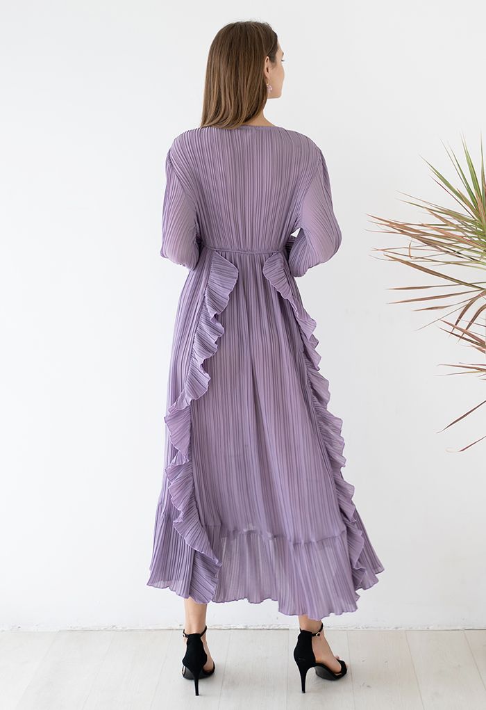 Volant venteuxAsymétrique Plissé Maxi Robe in Lilac Soie Chiffon