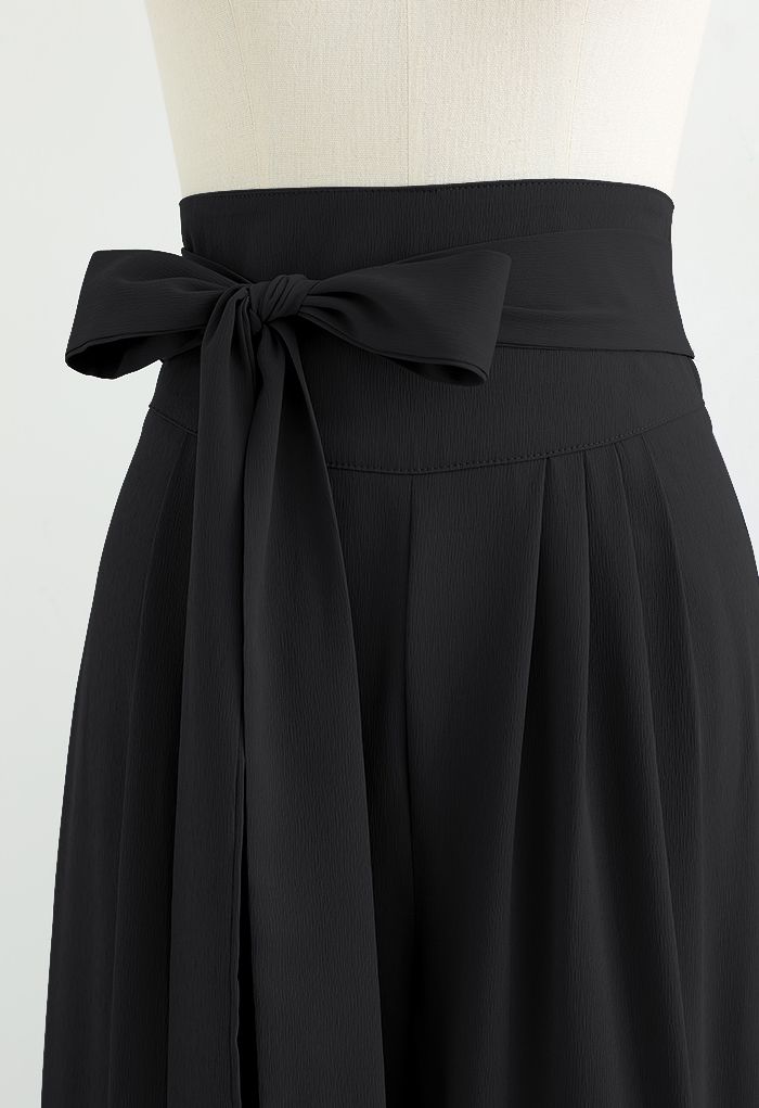 Pantalon large taille haute Bowknot en noir