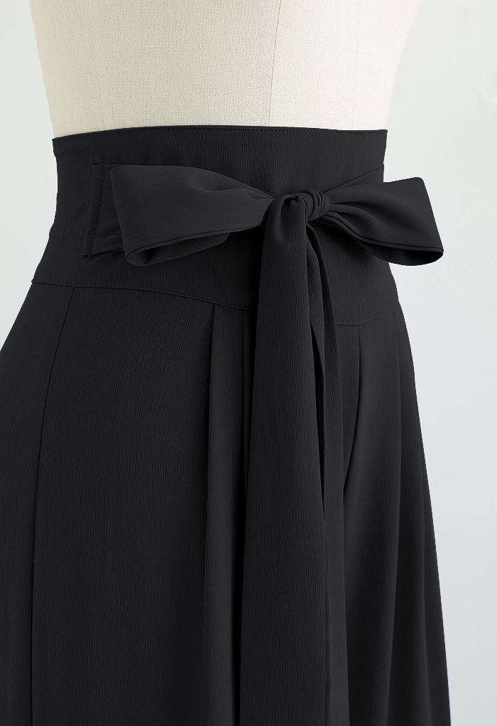 Pantalon large taille haute Bowknot en noir