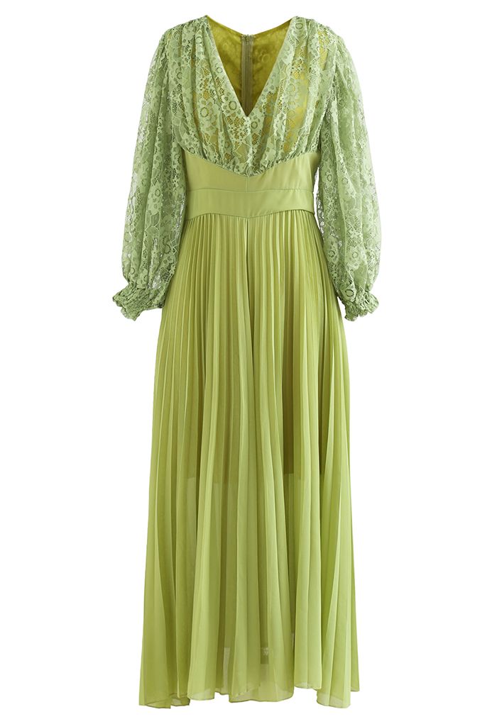 Robe longue plissée en dentelle à col en V en vert mousse