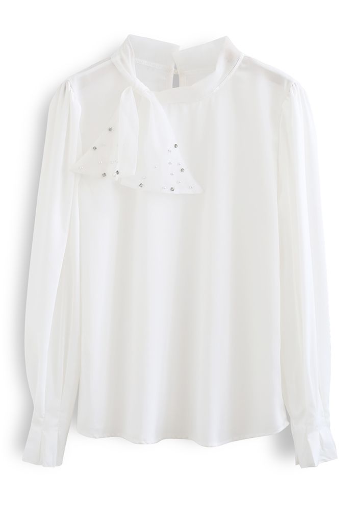 Chemise en Satin Nœud Papillon en Maille Nacrée en Blanc