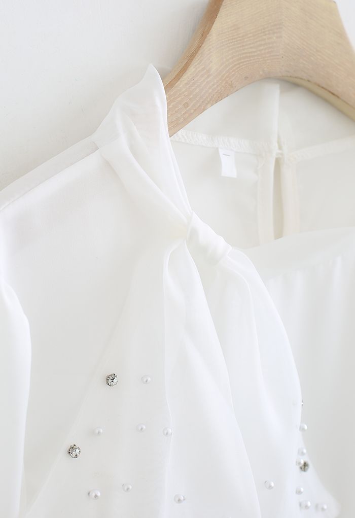 Chemise en Satin Nœud Papillon en Maille Nacrée en Blanc