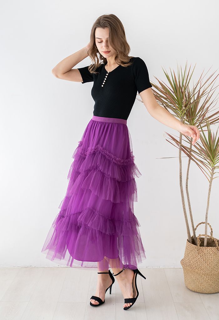 Jupe en tulle à volants en maille exquise en magenta