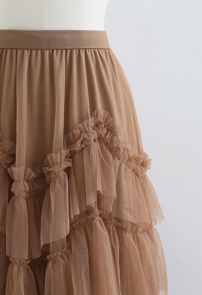 Jupe en tulle à volants en maille exquise en caramel