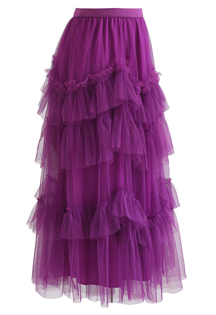 Jupe en tulle à volants en maille exquise en magenta