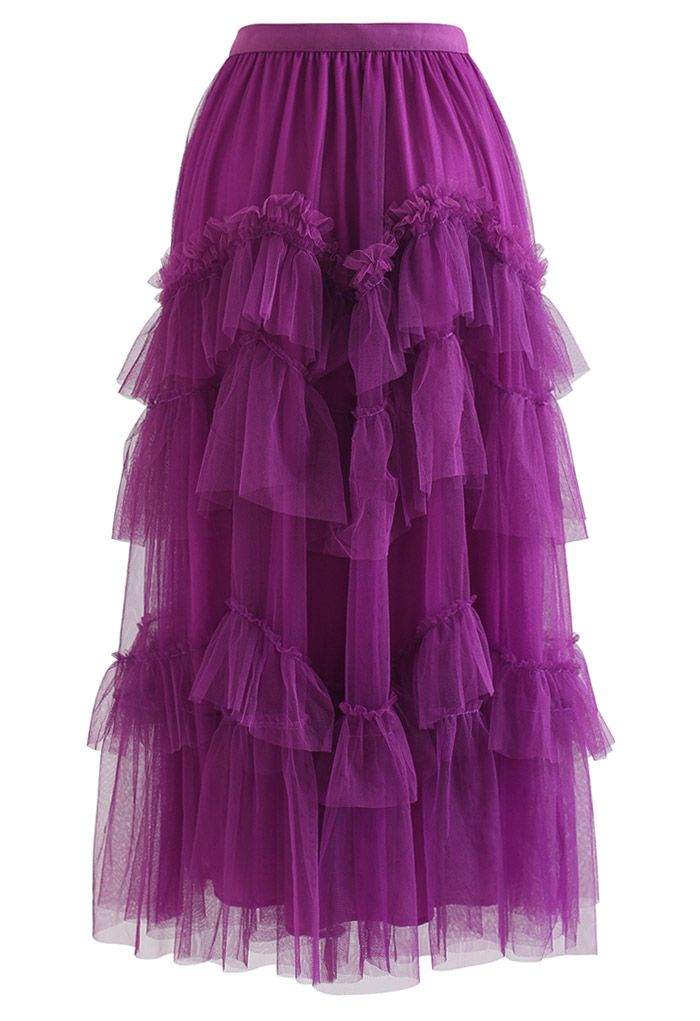 Jupe en tulle à volants en maille exquise en magenta