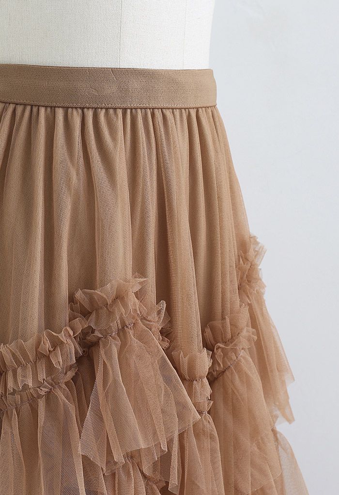 Jupe en tulle à volants en maille exquise en caramel