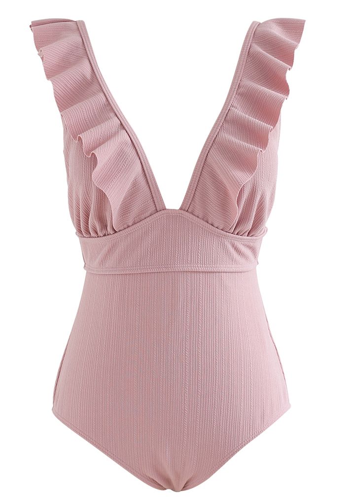 Maillot de bain à volants et lacets en V profond en rose