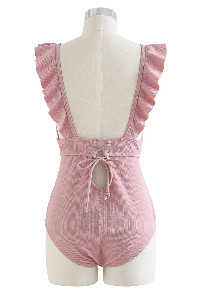 Maillot de bain à volants et lacets en V profond en rose