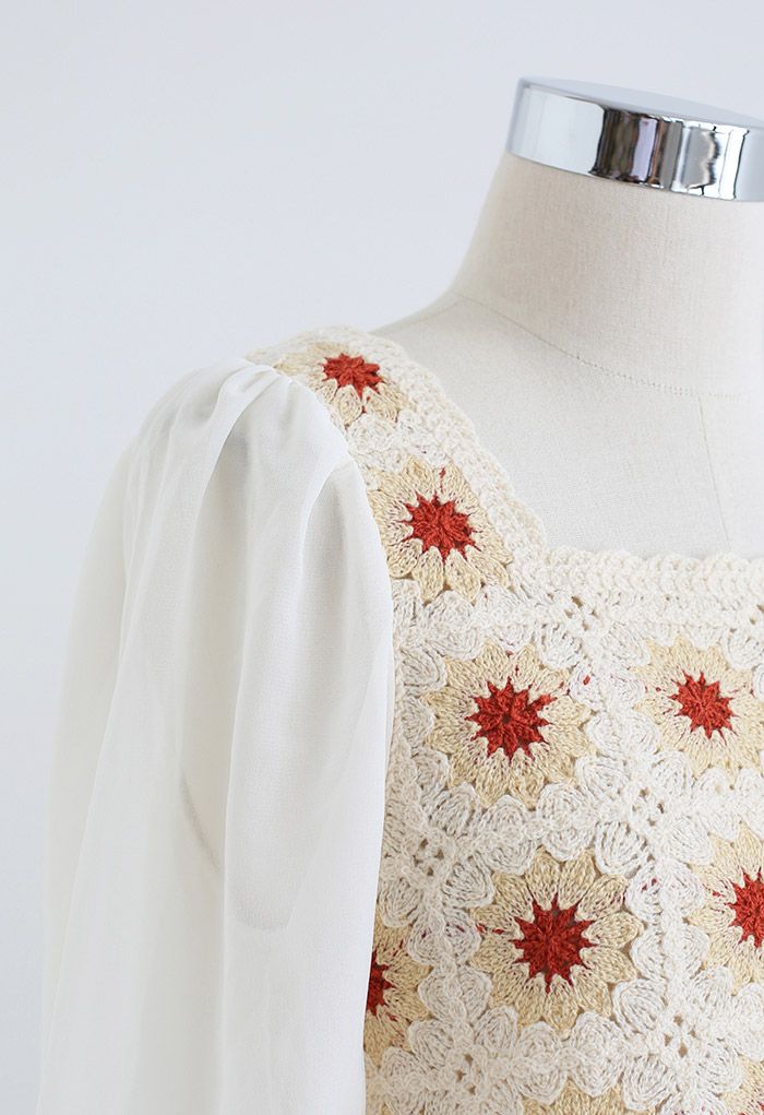 Boho Cream Floral Crochet Spliced Top