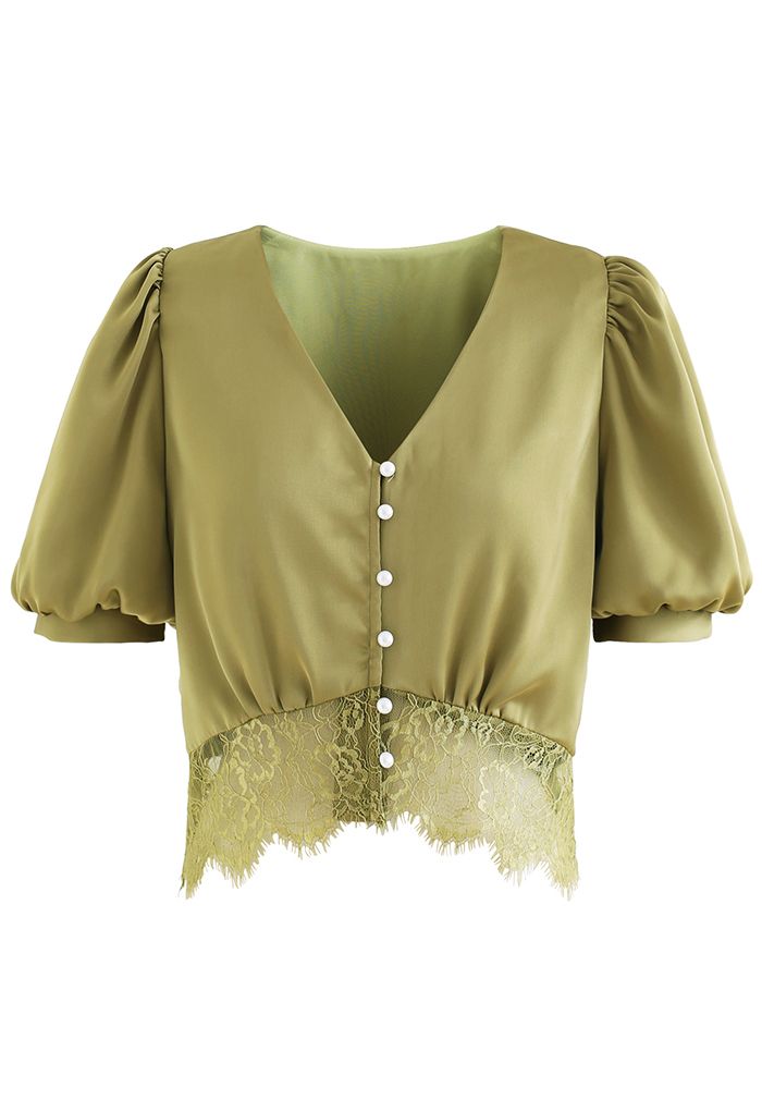 Top taille haute en dentelle à col en V en satin olive