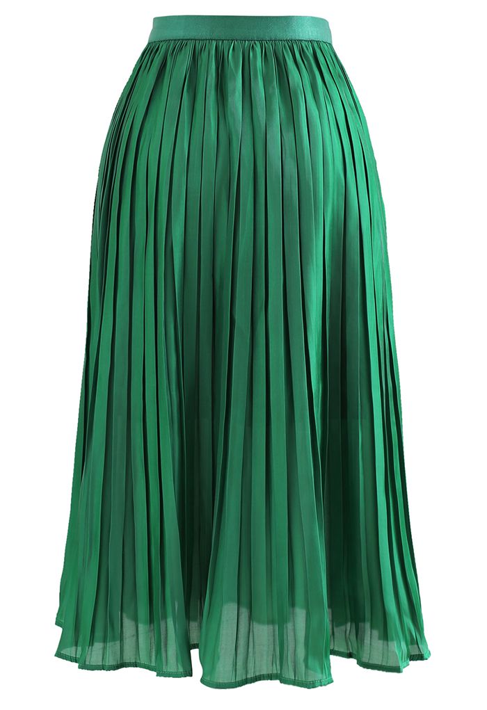 Jupe mi-longue plissée à taille élastique scintillante en vert