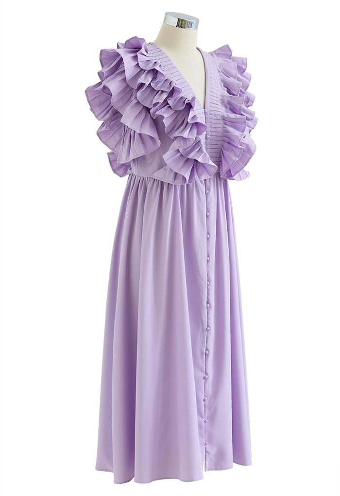 Robe plissée à volants et boutonnée à col en V profond en lilas