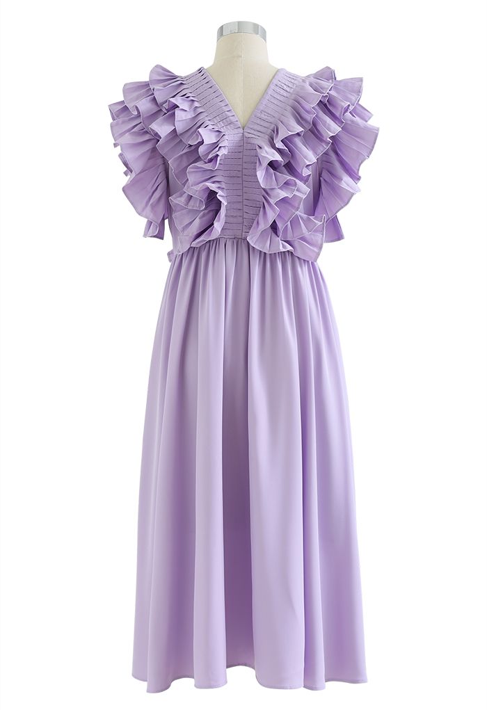 Robe plissée à volants et boutonnée à col en V profond en lilas