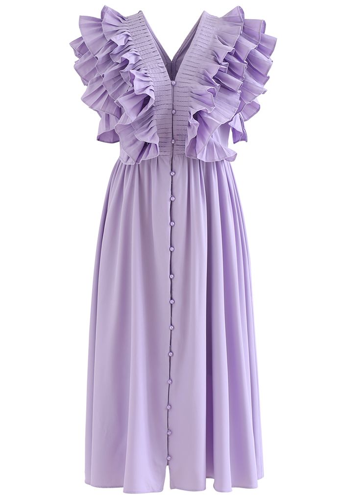 Robe plissée à volants et boutonnée à col en V profond en lilas