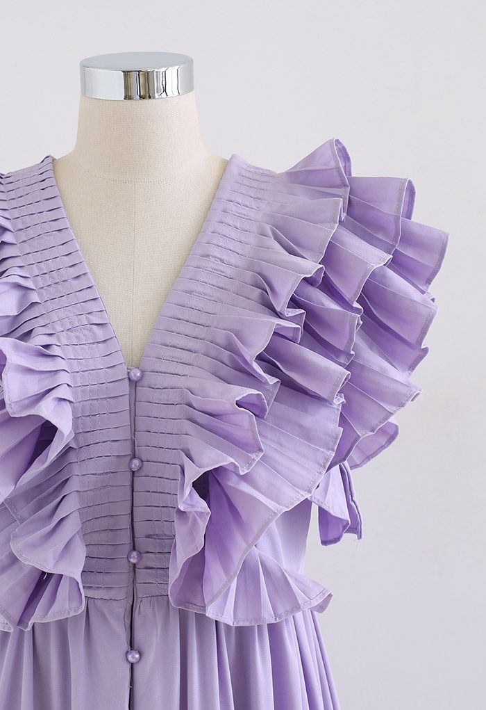 Robe plissée à volants et boutonnée à col en V profond en lilas