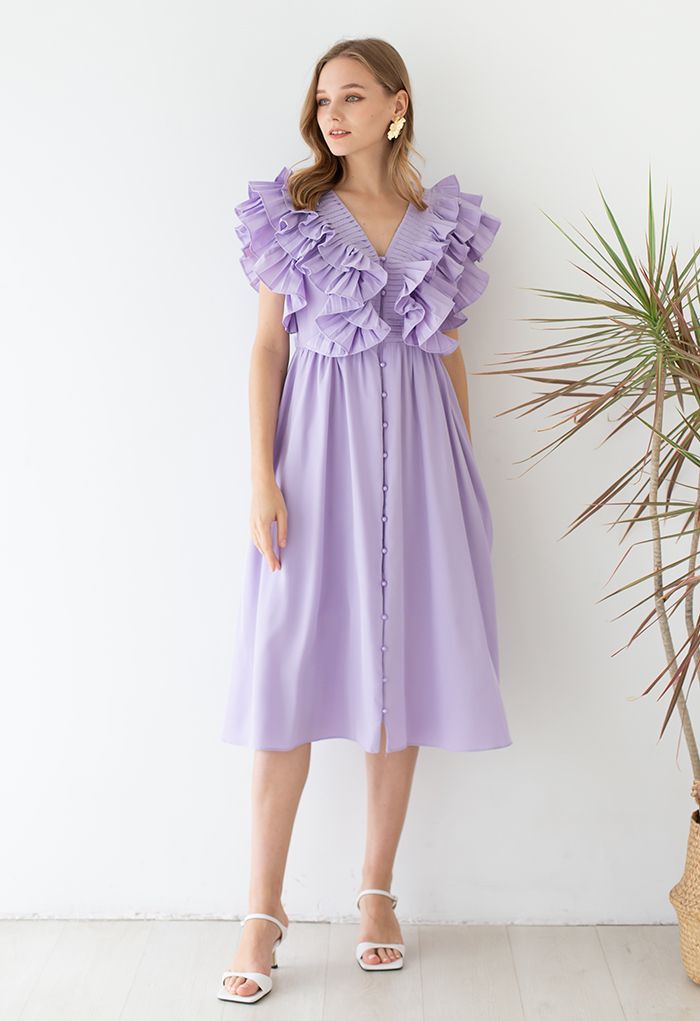 Robe plissée à volants et boutonnée à col en V profond en lilas