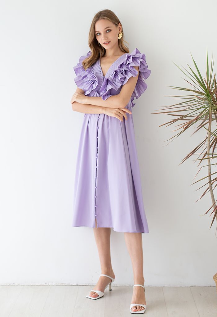 Robe plissée à volants et boutonnée à col en V profond en lilas