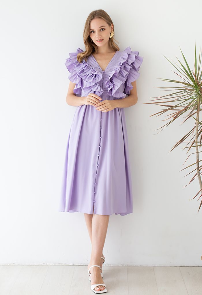 Robe plissée à volants et boutonnée à col en V profond en lilas