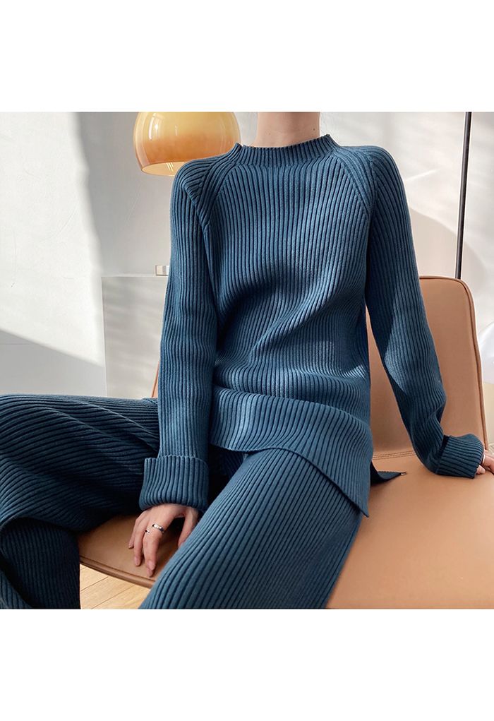 Ensemble pull et pantalon en tricot côtelé à ourlet fendu en bleu sarcelle