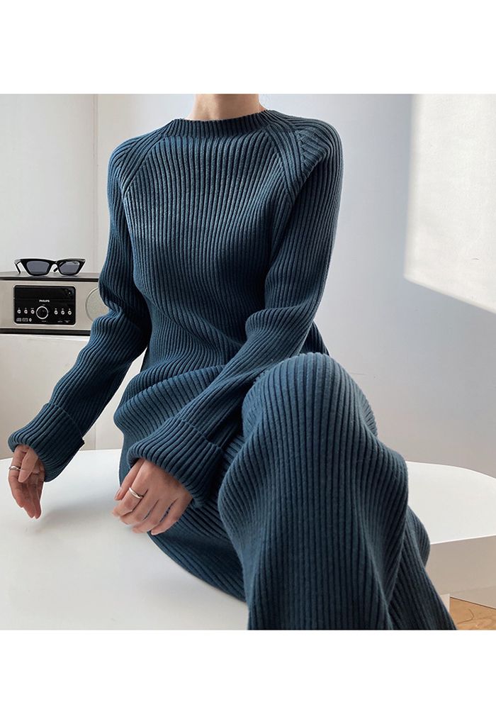 Ensemble pull et pantalon en tricot côtelé à ourlet fendu en bleu sarcelle