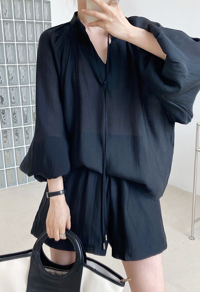 Ensemble chemise à manches bouffantes Athleisure et short évasé en noir