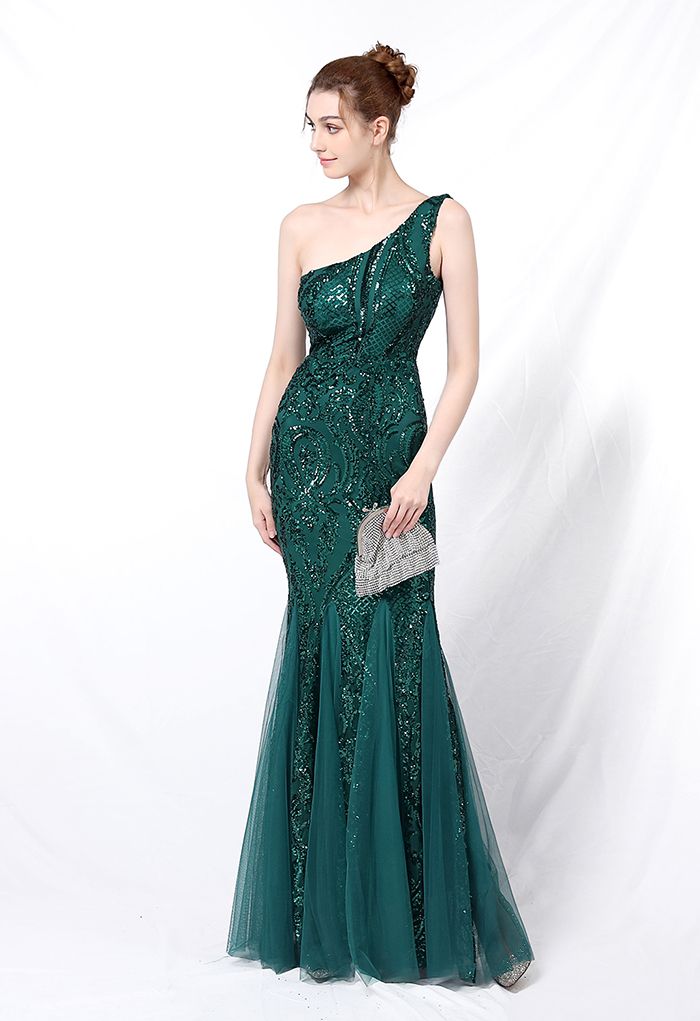 Robe asymétrique en tulle à sequins et treillis fleuri en émeraude