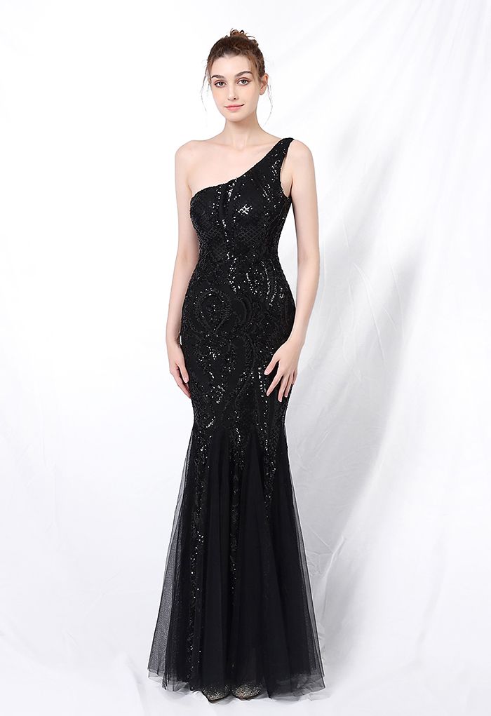 Robe en maille à sequins et treillis floral à une épaule en noir